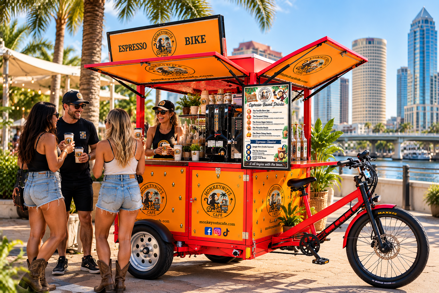 MONKEYNUTS CAFE' mobile espresso bike set up and ready to serve