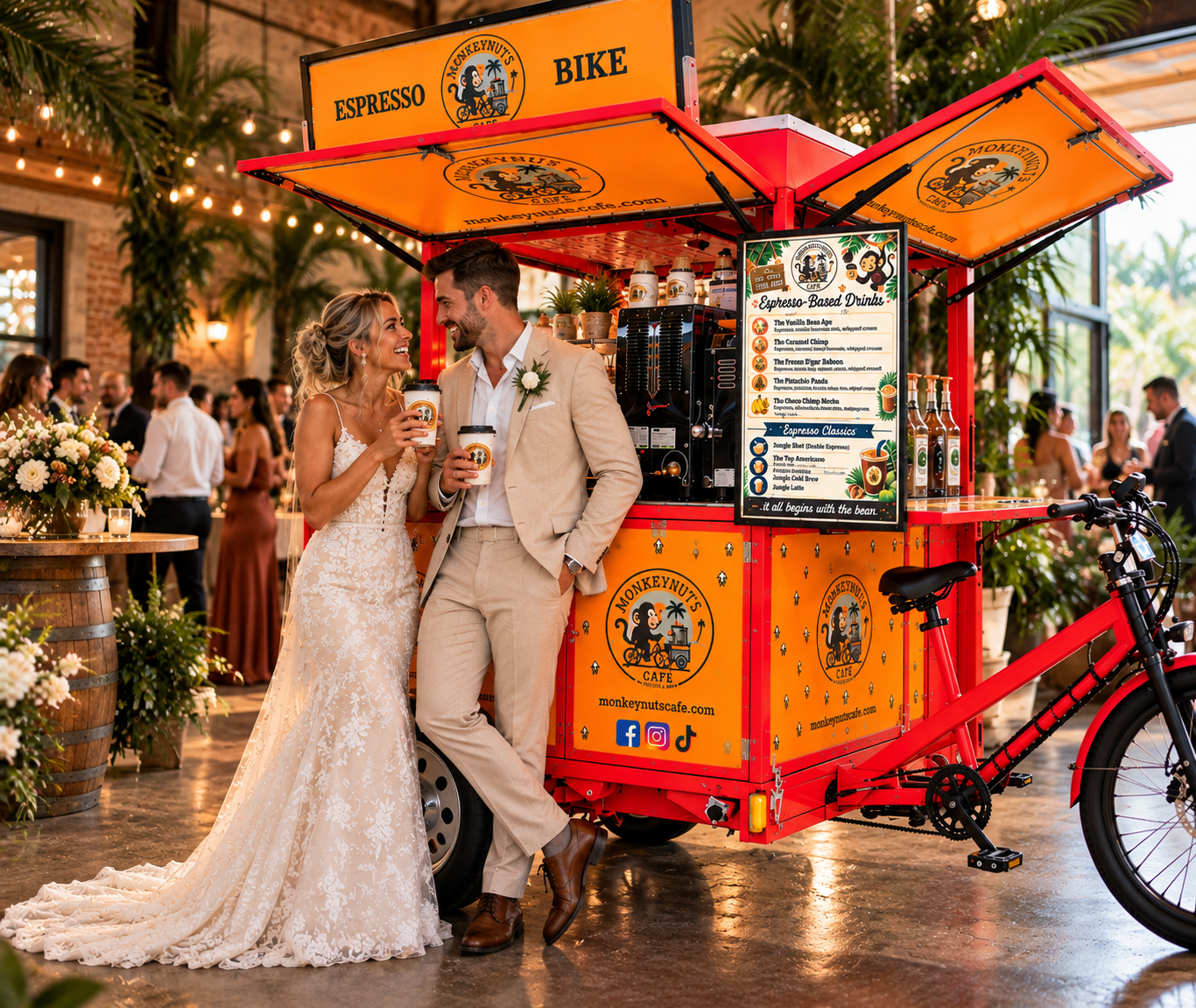 Newlyweds enjoying espresso drinks from the MONKEYNUTS CAFE' mobile espresso bike at a Tampa wedding reception
