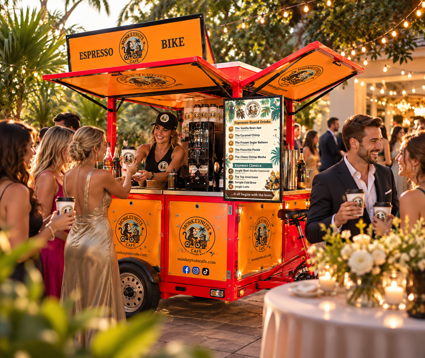 Guests gathered around the MONKEYNUTS CAFE' mobile espresso bike at an evening celebration in Tampa