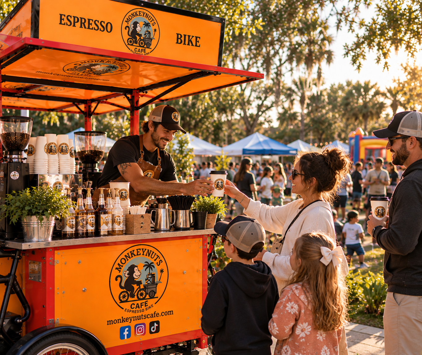 Families being served by the MONKEYNUTS CAFE' mobile espresso bike at a Tampa community event