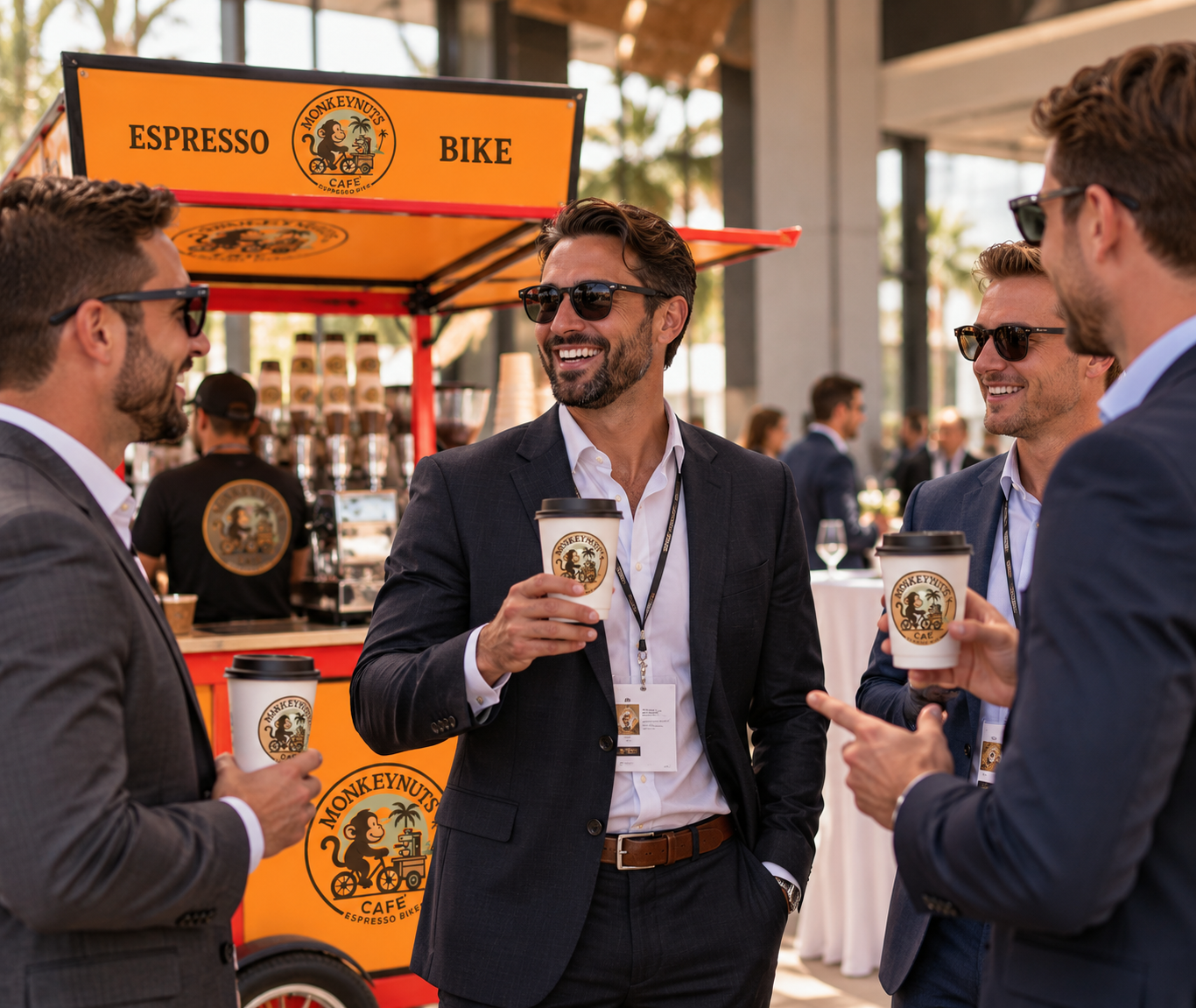 Guests being served espresso drinks from the MONKEYNUTS CAFE' mobile espresso bike at a Tampa corporate event