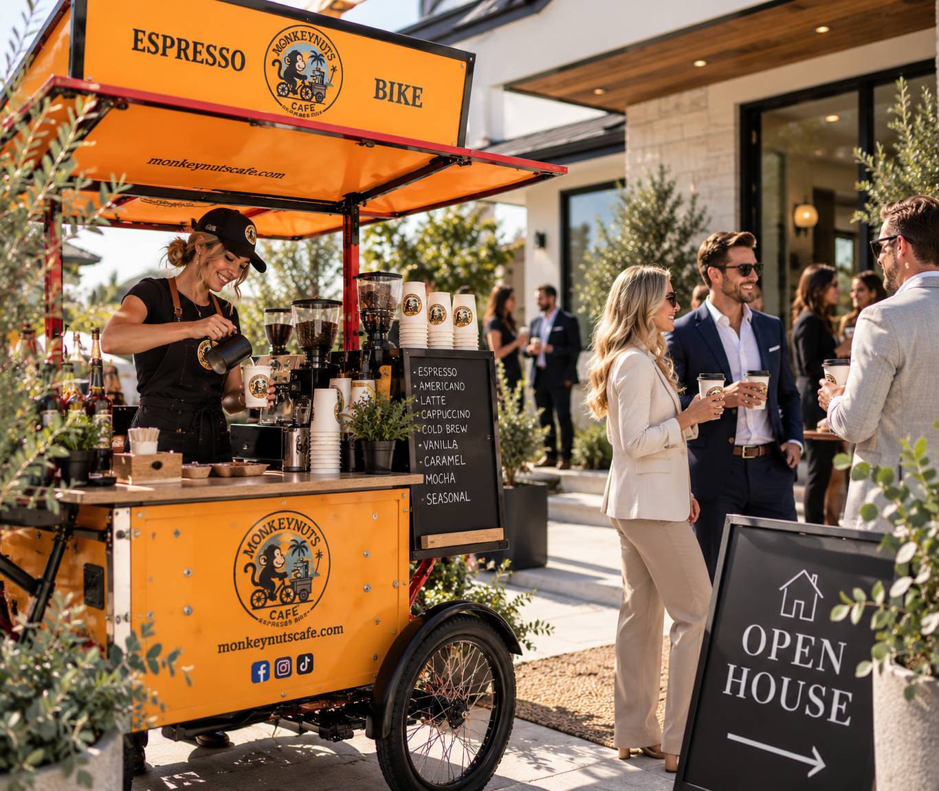 The MONKEYNUTS CAFE' mobile espresso bike serving guests outside a Tampa real estate open house