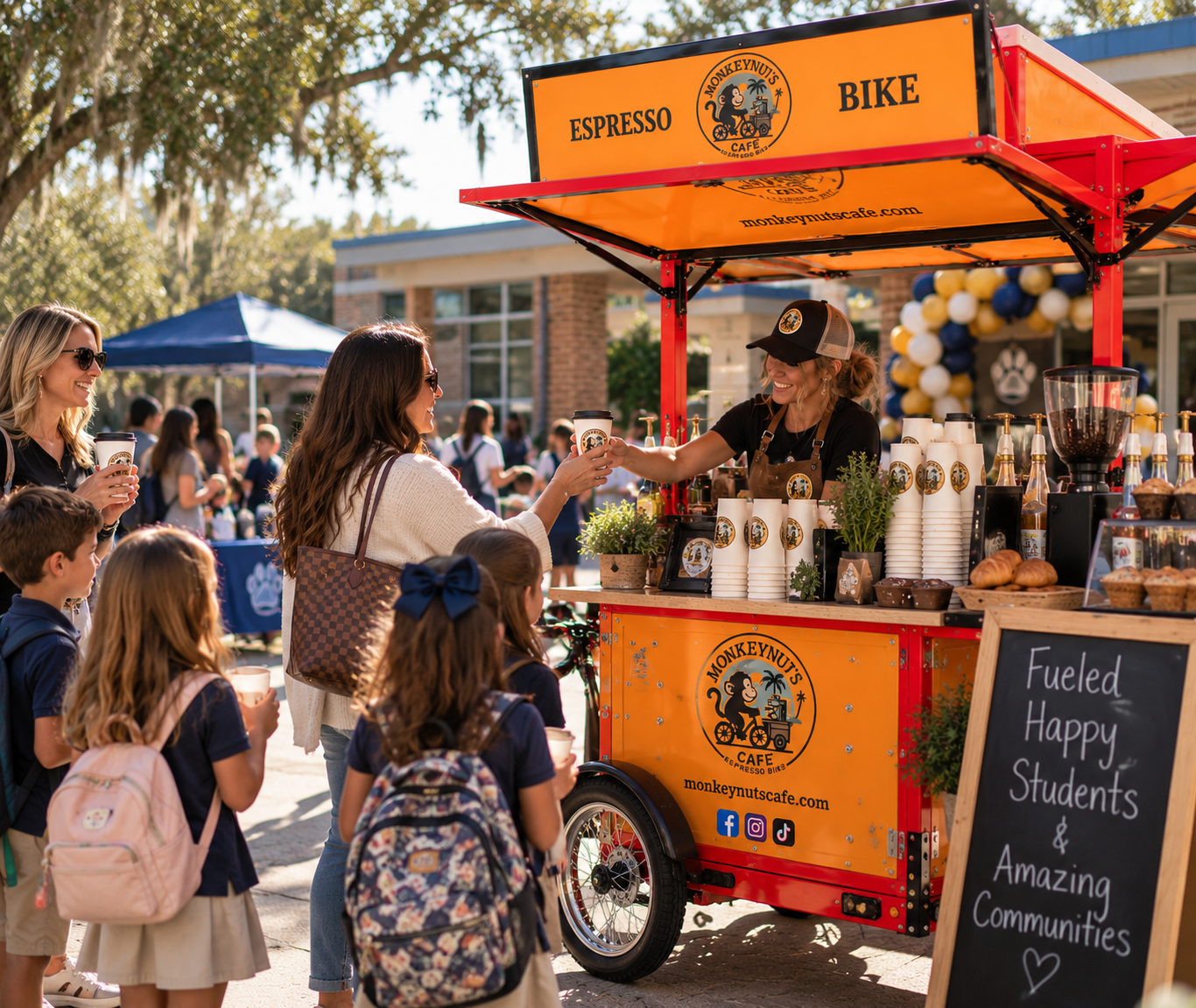 Students and families being served by the MONKEYNUTS CAFE' mobile espresso bike at a Tampa school event
